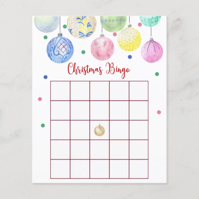 Holiday Ornament Christmas Bingo Game Card (Front)