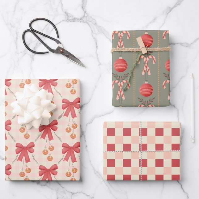 Holiday ornaments, candy canes & red bows wrapping paper sheet (Creator Uploaded)