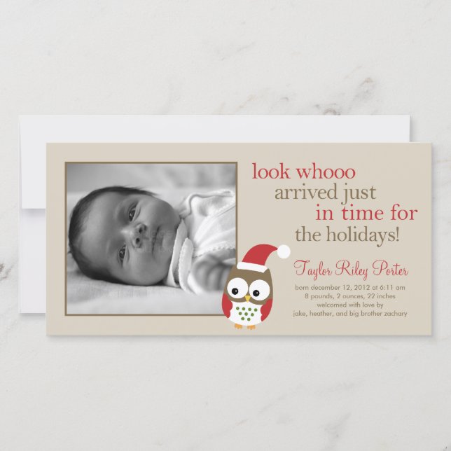 Holiday Owl Baby Birth Announcement (Front)