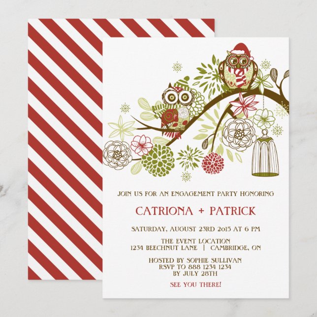 Holiday Owls Floral Engagement Party Invitation (Front/Back)