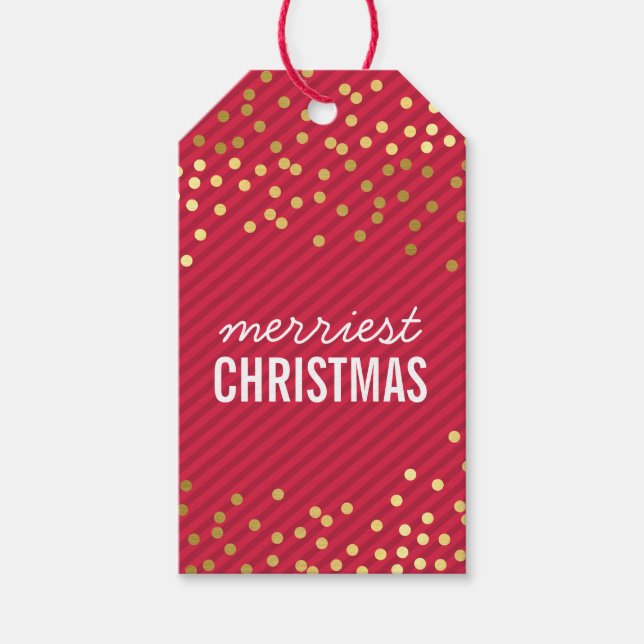 HOLIDAY PACKAGING TAG gold spots red stripe kraft (Front)