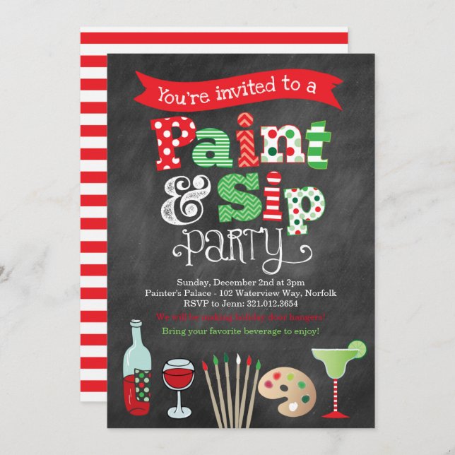Holiday Paint and Sip Wine and Painting Invitation (Front/Back)