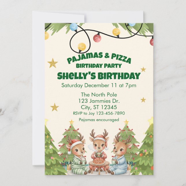 Holiday Pajama Pizza Birthday Party, reindeer Invitation (Front)