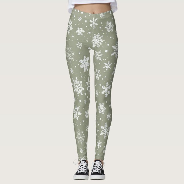 Holiday Pale Green and White Snowflakes Leggings (Front)