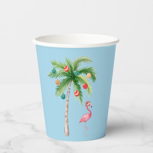 Holiday Palm Tree and Flamingo with Santa Hat Paper Cups (Front)