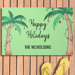 Holiday Palm Trees Personalised Doormat<br><div class="desc">This fun festive door mat is decorated with watercolor palm trees and Christmas lights on a bright green background.
Personalise this mat with your name and change the greeting if you like.
Original Watercolor © Michele Davies.</div>
