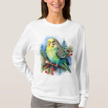 Holiday Parakeet on a Pine Branch with Berries