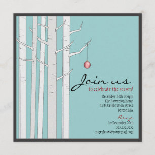Holiday Party Birch Tree & Red Ornament Invitation