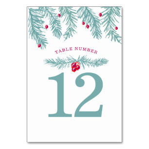 Holiday party blue green fir red berry christmas table number