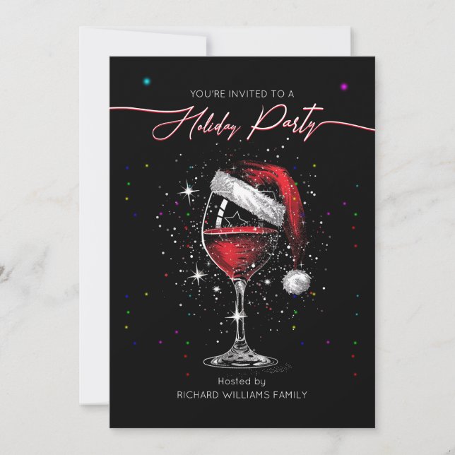 Holiday Party Christmas Santa Hat Wine Glass Light Invitation (Front)