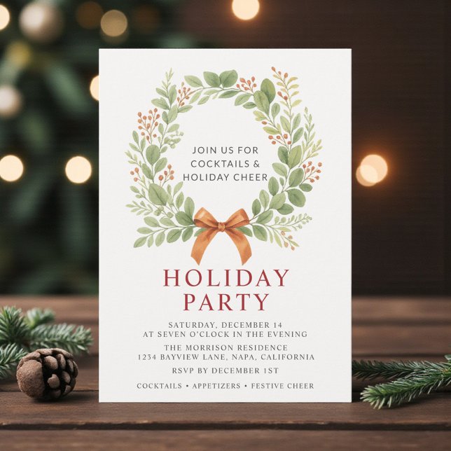 Holiday Party Christmas Wreath Red Bow Invitation (Creator Uploaded)