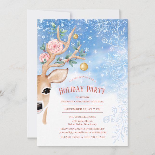 Holiday Party Deer Holly Roses Snow Floral Blue Invitation (Front)