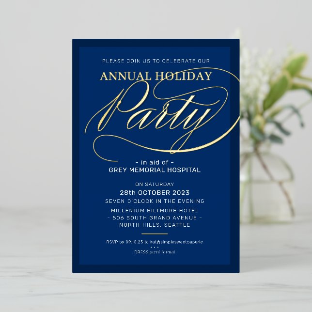 HOLIDAY PARTY elegant event fancy script navy gold (Standing Front)