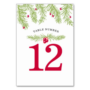 Holiday party event green fir red berry christmas table number