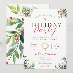 Holiday Party Festive Christmas Holly Watercolor Card
