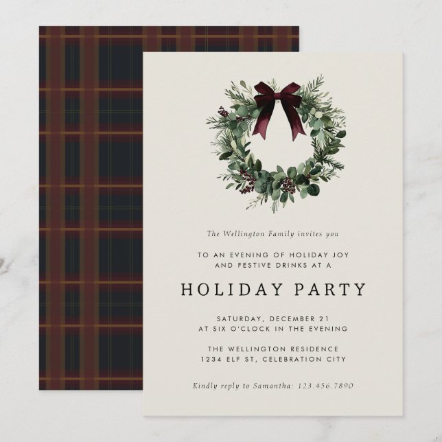 Holiday Party Festive Christmas Wreath Ribbon Invitation (Front/Back)