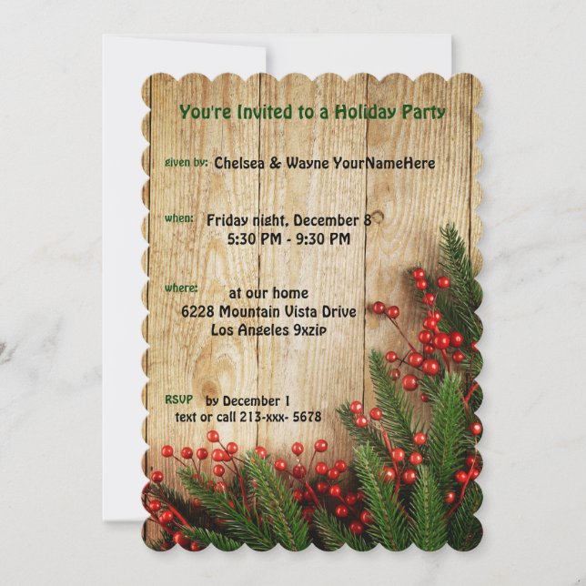Holiday Party Festive Evergreens on RusticWood Invitation (Front)