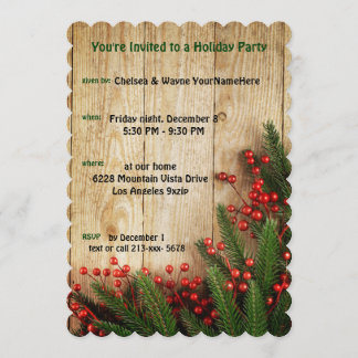 Holiday Party Festive Evergreens on RusticWood Invitation