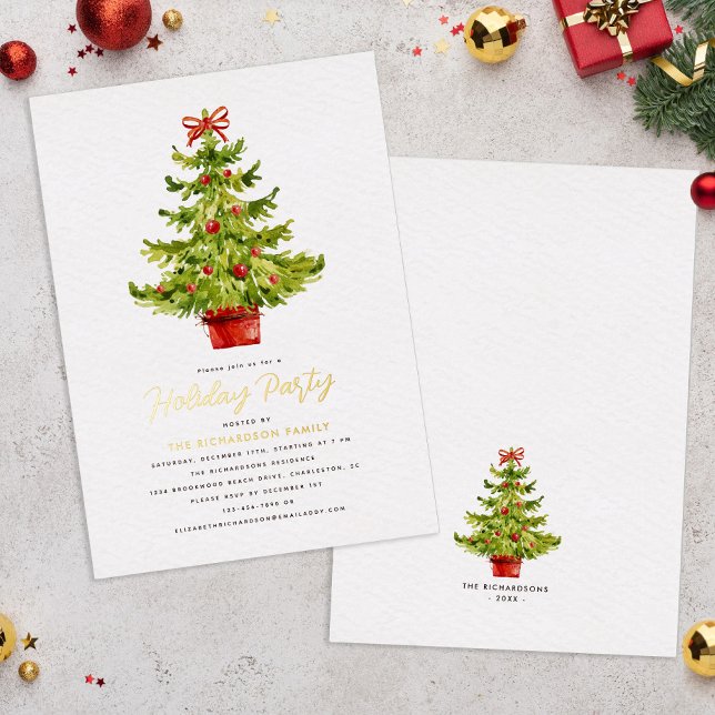 Holiday Party Festive Red Green Tree Real Gold (Holiday Party Festive Red Green Tree Real Gold Foil Invitation)