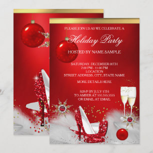 Holiday Party Glitter Red High Heel Champagne Invitation