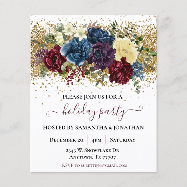Holiday Party Gold Confetti Winter Floral Flyer (Front)