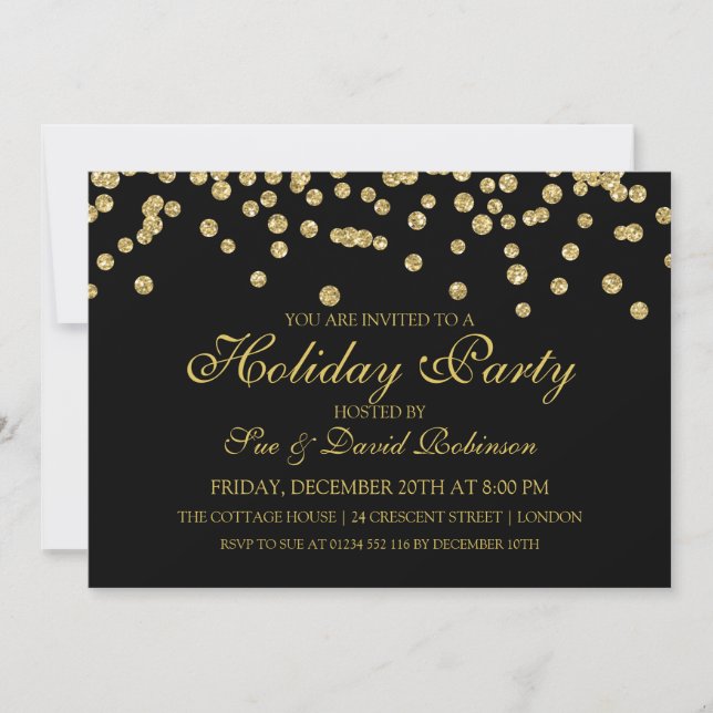 Holiday Party Gold Glitter Confetti Black Invitation (Front)
