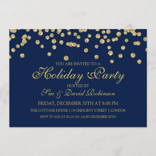 Holiday Party Gold Glitter Confetti Navy Blue Invitation