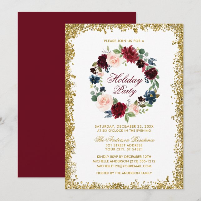 Holiday Party Gold Glitter Watercolor Floral Invitation (Front/Back)