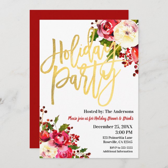 Holiday Party Gold Modern Script Floral Berries Invitation (Front/Back)