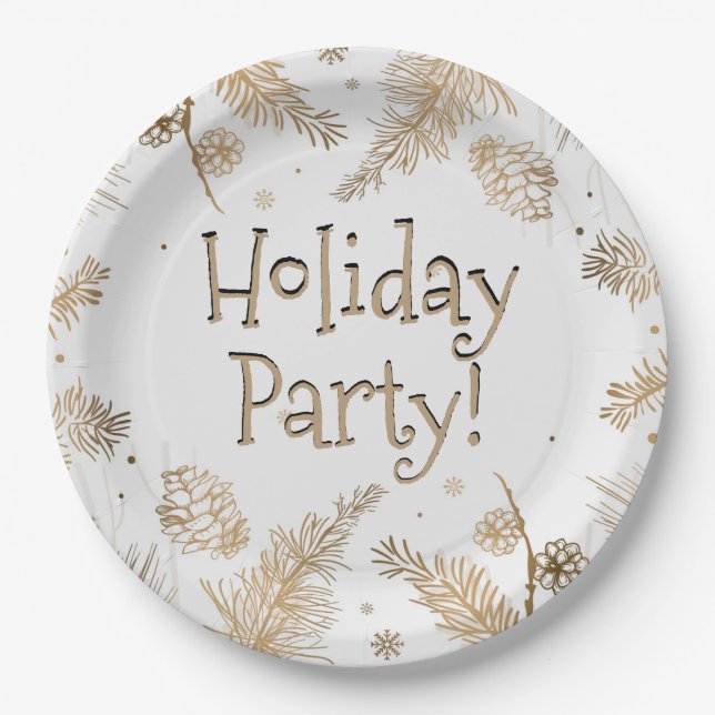 Holiday Party, Gold Pine Combs,  Paper Plate (Front)
