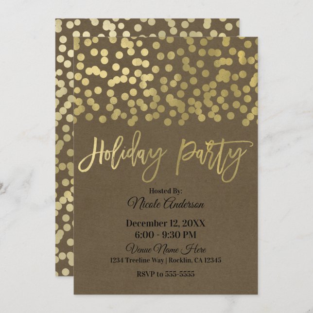 Holiday Party Gold Script Modern Chic Rustic Kraft Invitation (Front/Back)