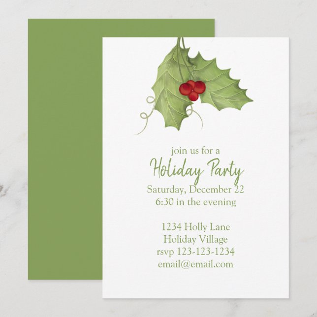 holiday Party Greenery Rustic Holly Berries Invitation (Front/Back)