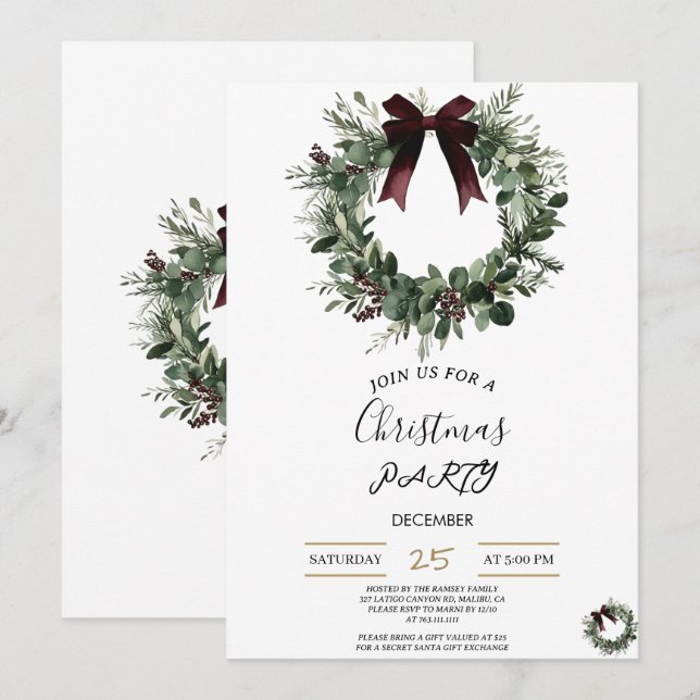 Holiday Party Invitation Elegant Christmas Wreath (Front/Back)