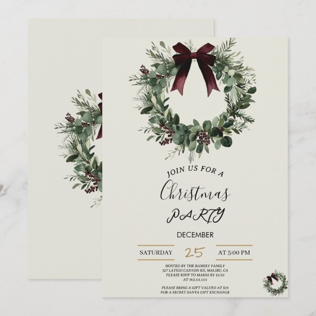 Holiday Party Invitation Elegant Christmas Wreath (Front/Back)