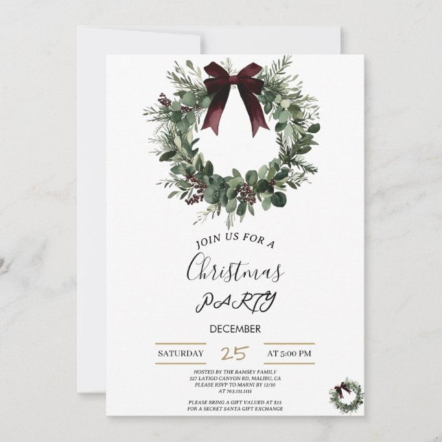 Holiday Party Invitation Elegant Christmas Wreath (Front)