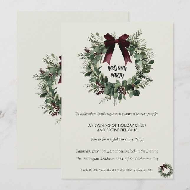 Holiday Party Invitation Elegant Christmas Wreath (Front/Back)