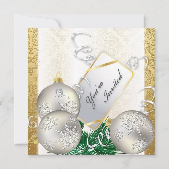 Holiday Party Invitation - Gold & Silver Ornaments (Front)