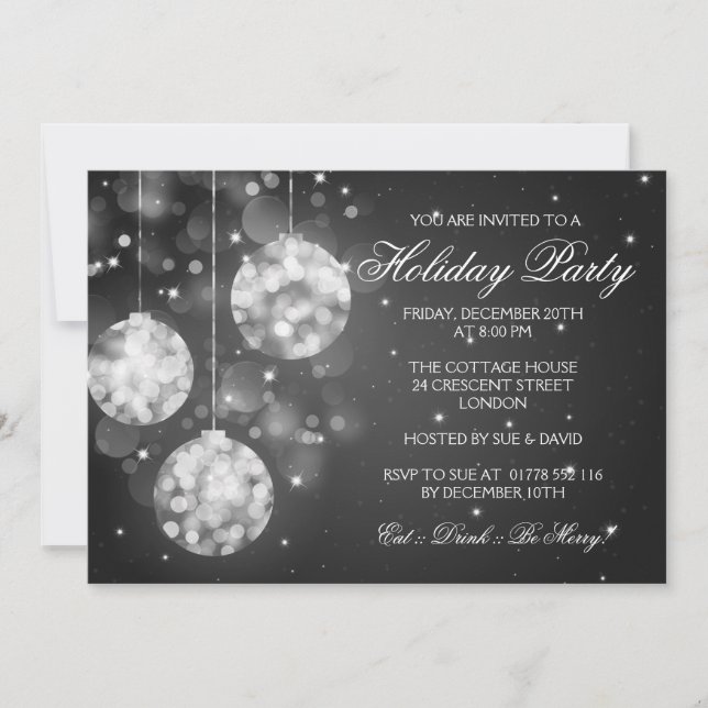 Holiday Party Invitation Sparkling Baubles Black (Front)