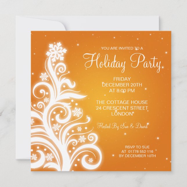 Holiday Party Invitation Swirly Tree Orange (Front)