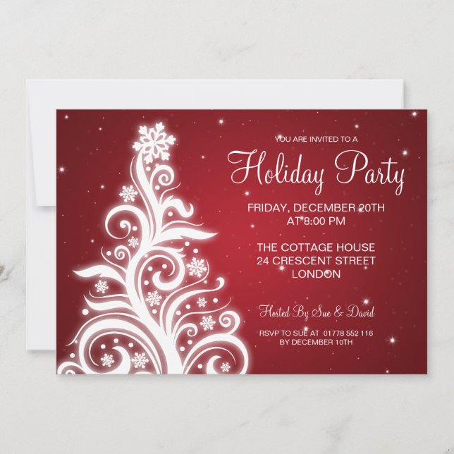 Holiday Party Invitation Swirly Tree Red (Front)