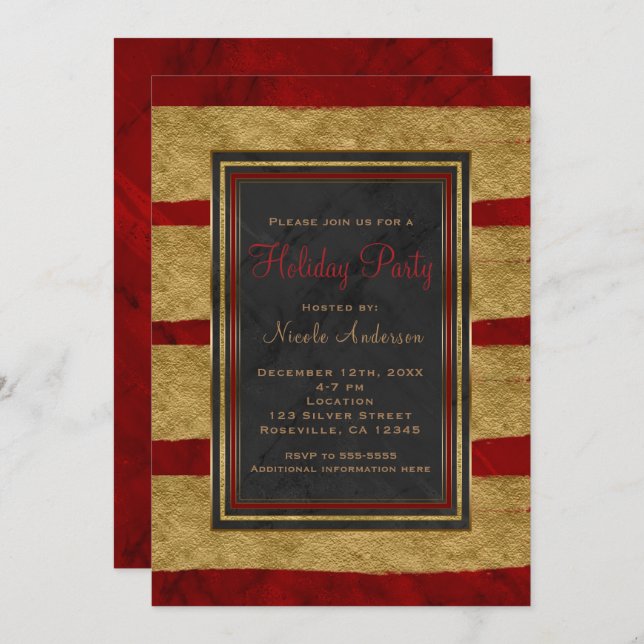 Holiday Party Modern Red Marble & Gold Christmas Invitation (Front/Back)