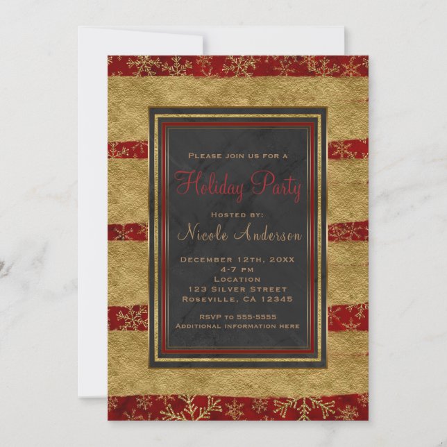 Holiday Party Modern Red Marble & Gold Snowflakes Invitation (Front)