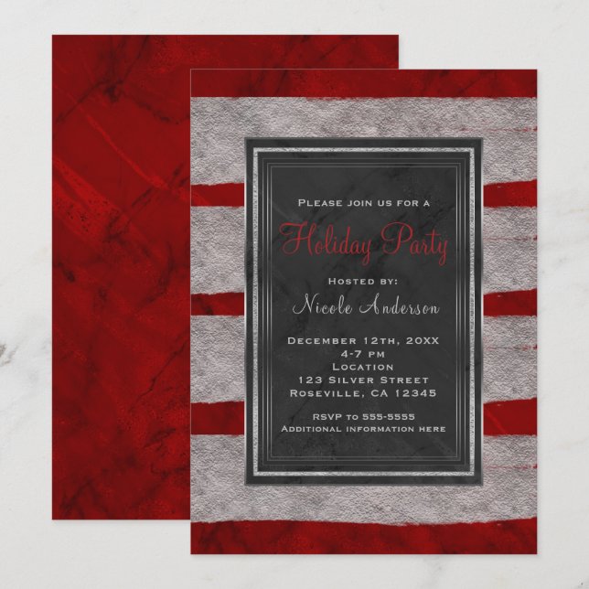 Holiday Party Modern Red Marble & Silver Christmas Invitation (Front/Back)