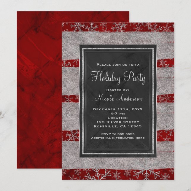 Holiday Party Modern Red Marble Silver Snowflakes Invitation (Front/Back)
