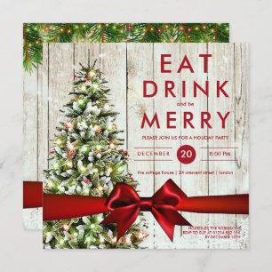 Holiday Party   Modern Tree, Lights & Red Ribbon Invitation