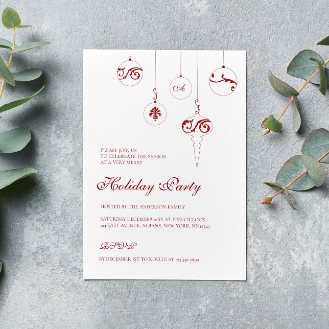 Holiday Party Monogram Bauble Ornaments Berry Red  Invitation (Creator Uploaded)