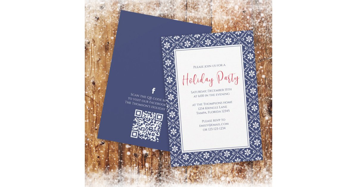 Holiday Party Navy Blue Snowflake QR Code Facebook Invitation | Zazzle