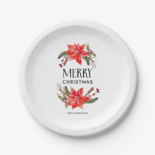 Holiday Party Poinsettia Greenery Paper Plate