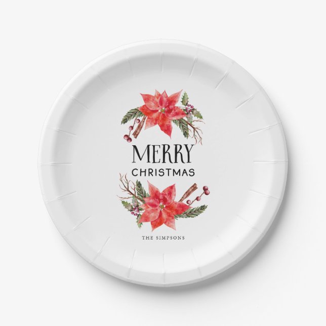 Holiday Party Poinsettia Greenery Paper Plate (Front)