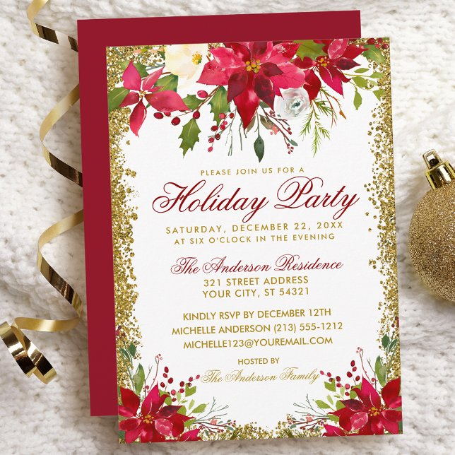 Holiday Party Red Gold Glitter Poinsettia Floral Invitation (Customize to change text color, size, style or to change color of back of card.)